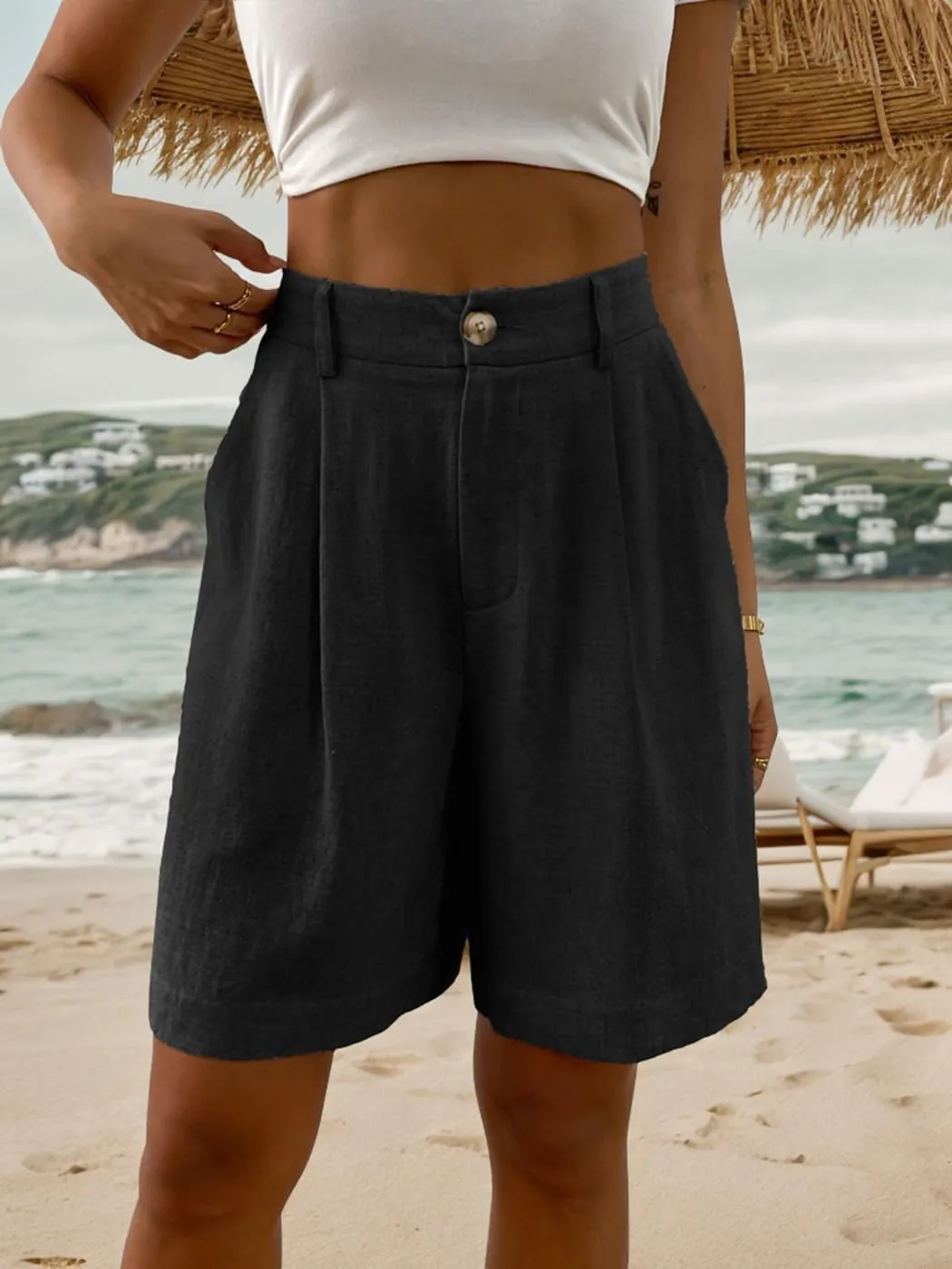 heipeiwa Women's Linen Shorts High Waisted Summer Dressy Casual Wide Leg Shorts Beach Vacation Outfits