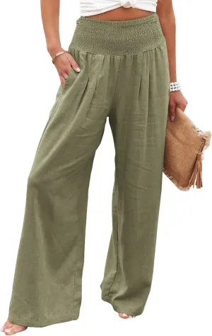 HEZIOWYUN Linen Pants for Women Wide Leg Elastic High Waisted Palazzo Pants Lounge Yoga Trousers with Pockets
