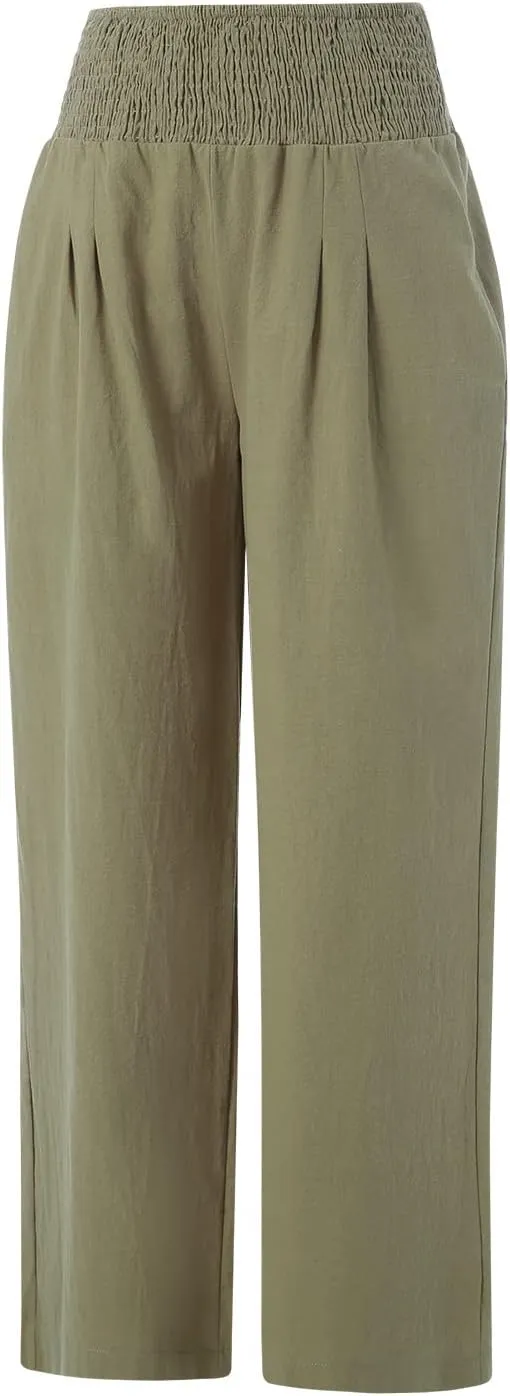 HEZIOWYUN Linen Pants for Women Wide Leg Elastic High Waisted Palazzo Pants Lounge Yoga Trousers with Pockets