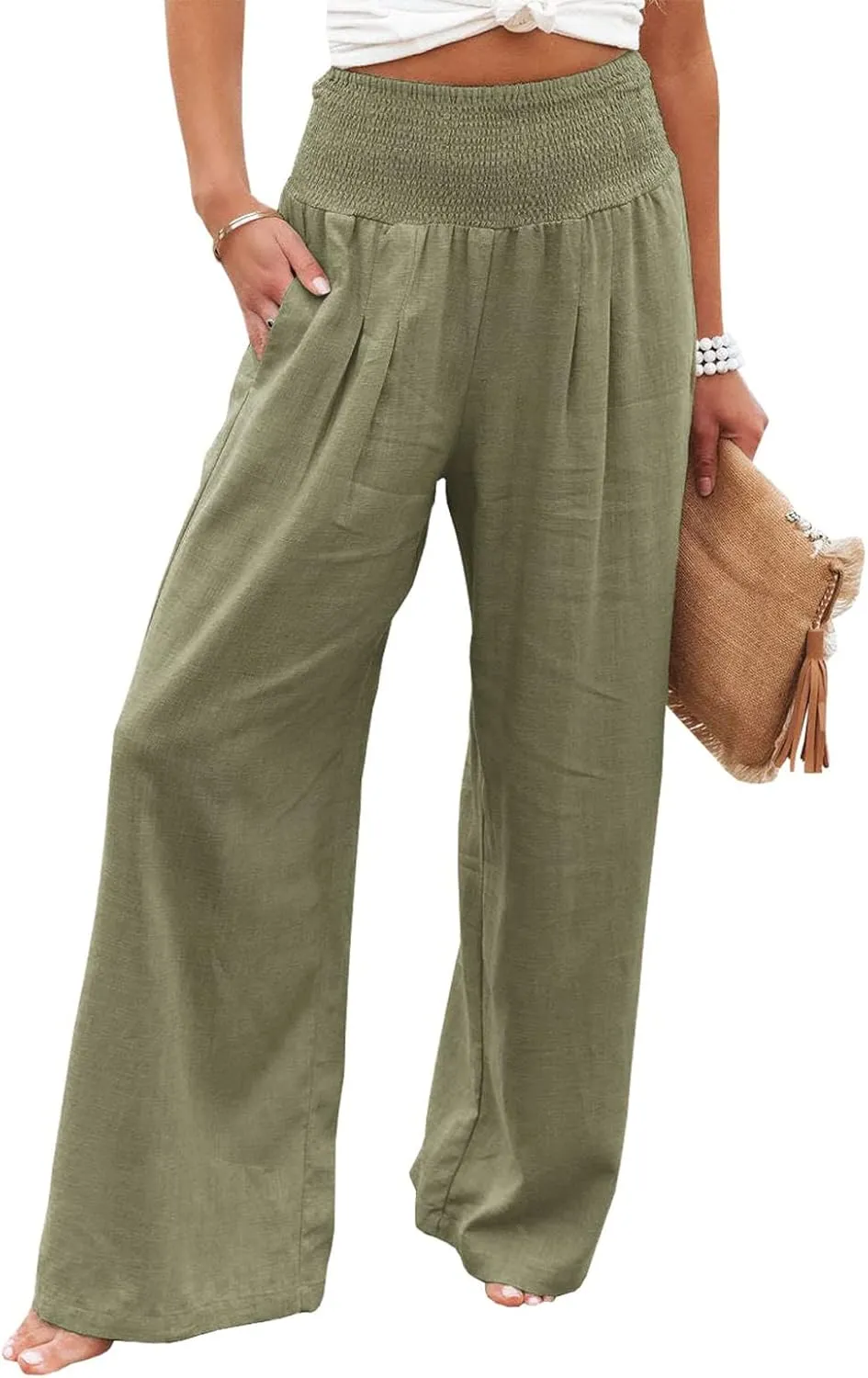 HEZIOWYUN Linen Pants for Women Wide Leg Elastic High Waisted Palazzo Pants Lounge Yoga Trousers with Pockets