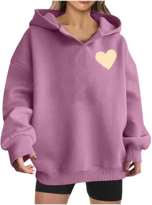 HGps8w Oversized Hoodies for Women Cute Heart Print Tops Loose Pullover Casual Long Sleeve Drop Shoulder Hooded Sweatshirt