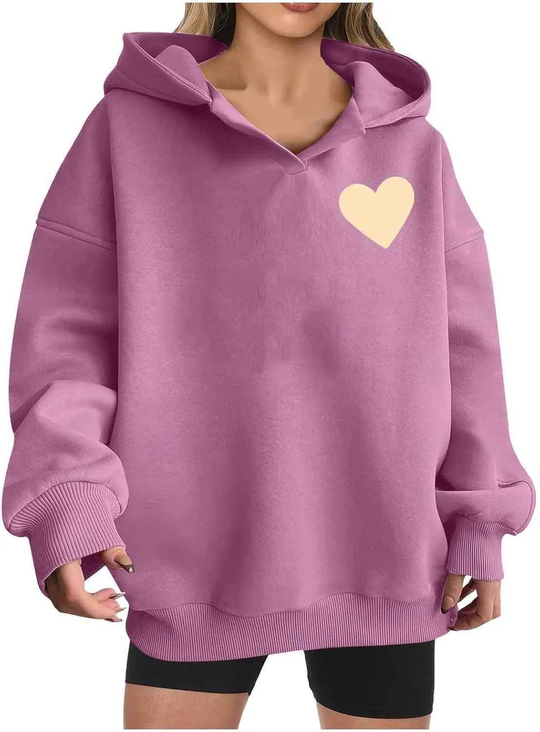 HGps8w Oversized Hoodies for Women Cute Heart Print Tops Loose Pullover Casual Long Sleeve Drop Shoulder Hooded Sweatshirt