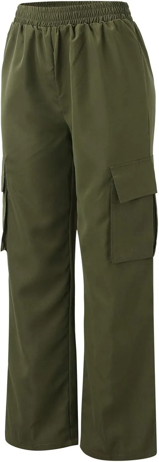 High Waisted Cargo Pants Women Elastic Waist Straight Wide Leg Trousers with Pockets Solid Color Casual Work Pants Plus Size