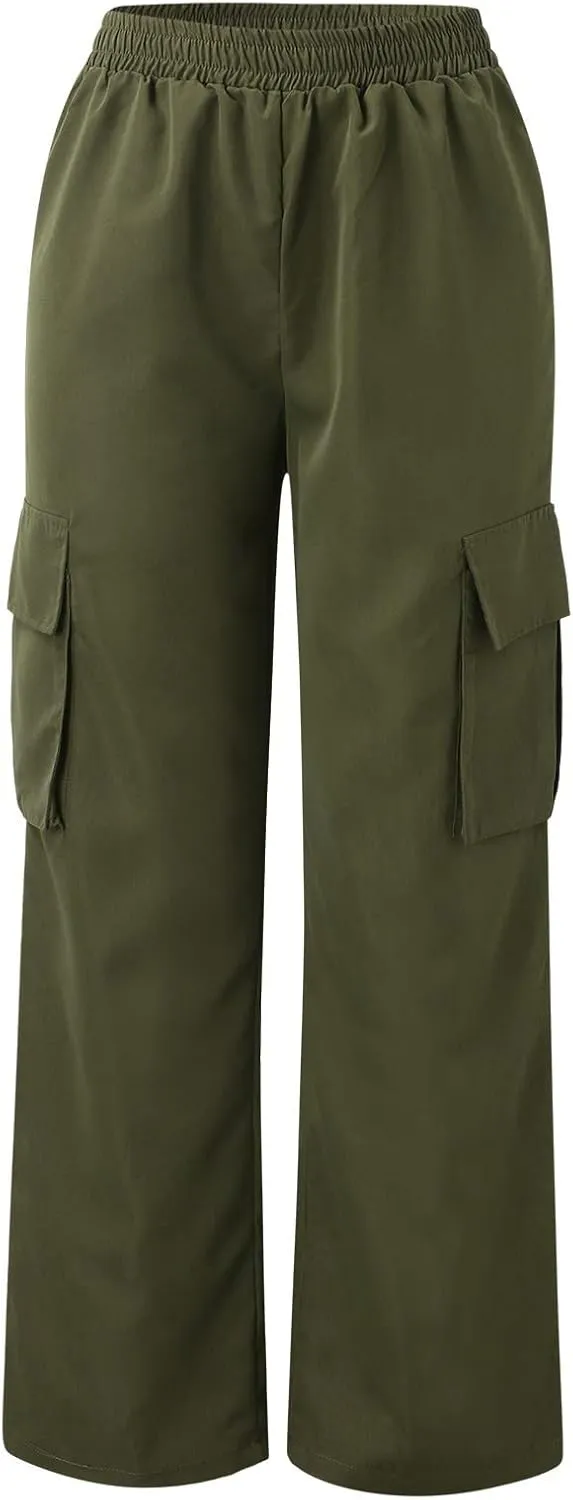 High Waisted Cargo Pants Women Elastic Waist Straight Wide Leg Trousers with Pockets Solid Color Casual Work Pants Plus Size