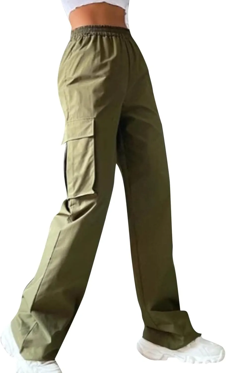 High Waisted Cargo Pants Women Elastic Waist Straight Wide Leg Trousers with Pockets Solid Color Casual Work Pants Plus Size