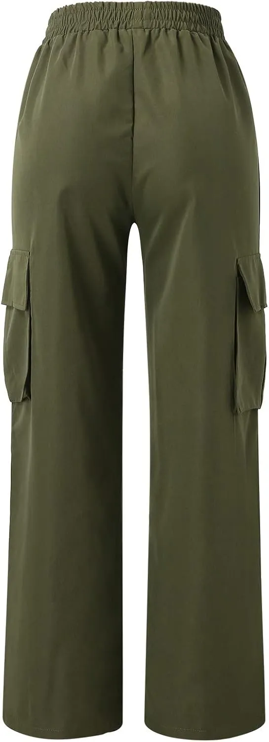 High Waisted Cargo Pants Women Elastic Waist Straight Wide Leg Trousers with Pockets Solid Color Casual Work Pants Plus Size