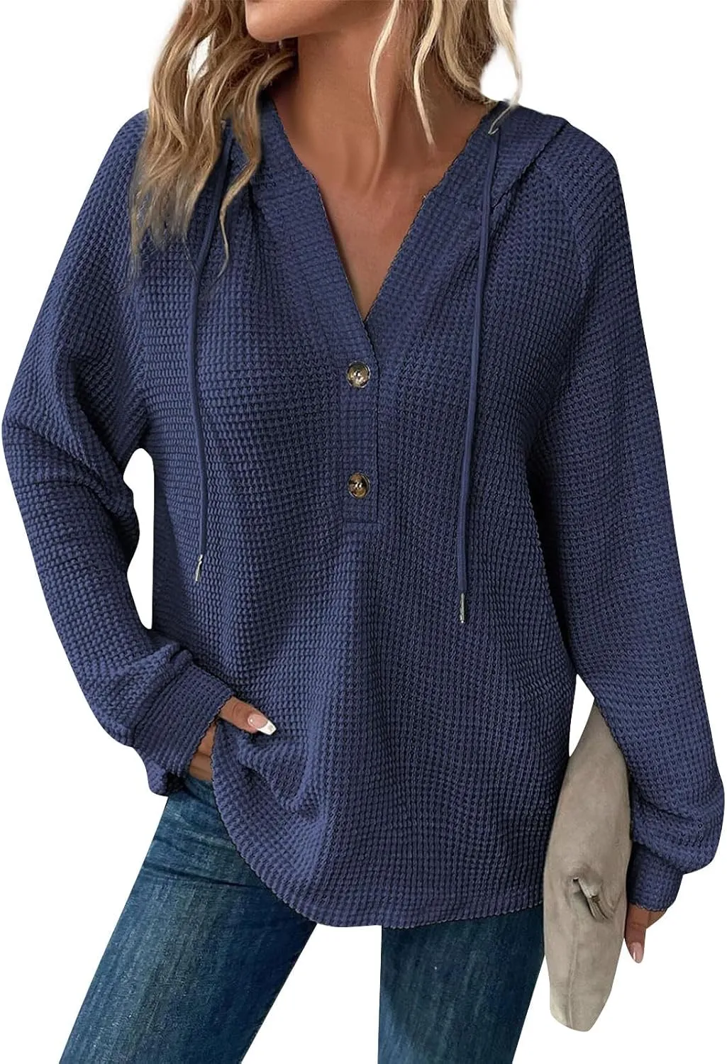 Hoodies for Women Waffle Knit Long Sleeve Drawstring Button V Neck Casual Pullover Sweatshirt Hooded Sweaters Tops