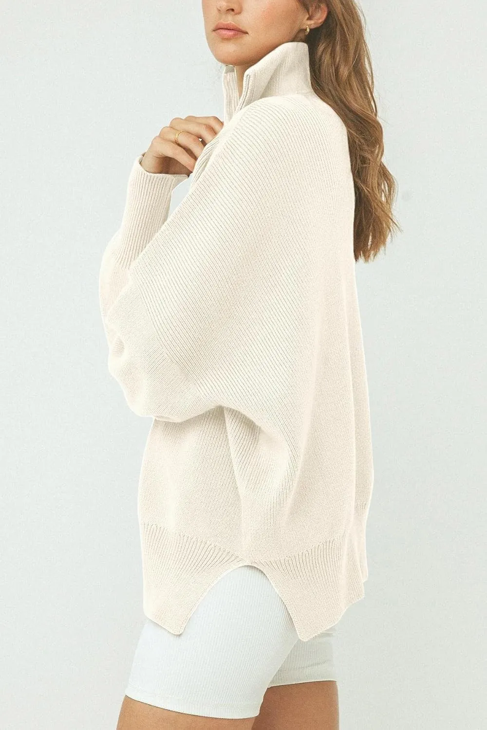 Imily Bela Womens Tunic Sweater Fall Long Sleeve 1/4 Zip Pullover Sweaters Oversized Slouchy Ribbed Knit Sweatshirt with Slit