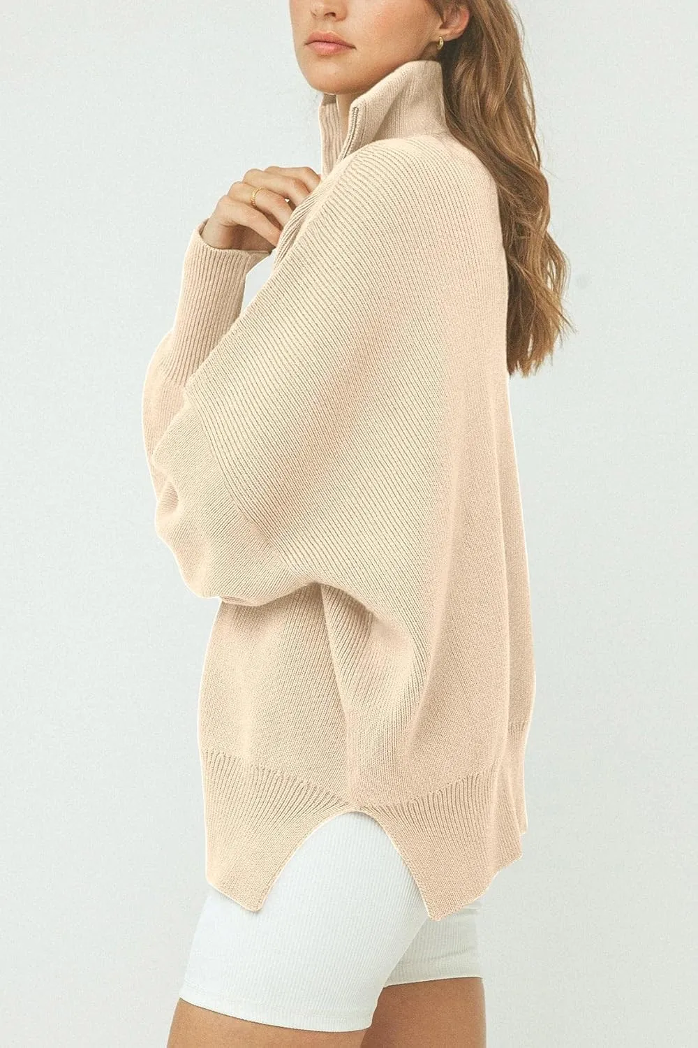 Imily Bela Womens Tunic Sweater Fall Long Sleeve 1/4 Zip Pullover Sweaters Oversized Slouchy Ribbed Knit Sweatshirt with Slit