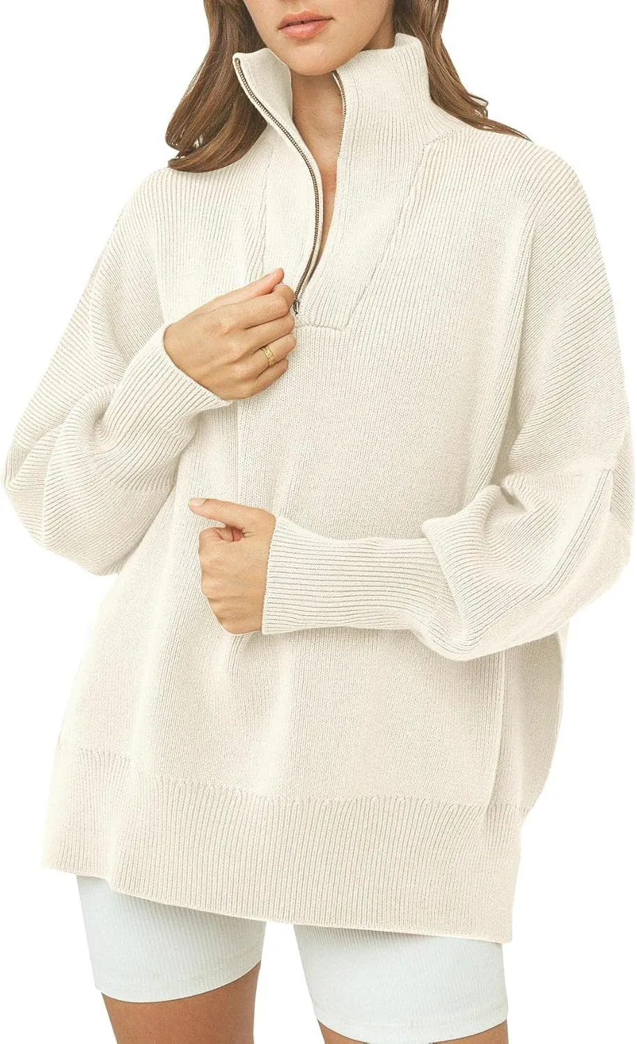 Imily Bela Womens Tunic Sweater Fall Long Sleeve 1/4 Zip Pullover Sweaters Oversized Slouchy Ribbed Knit Sweatshirt with Slit