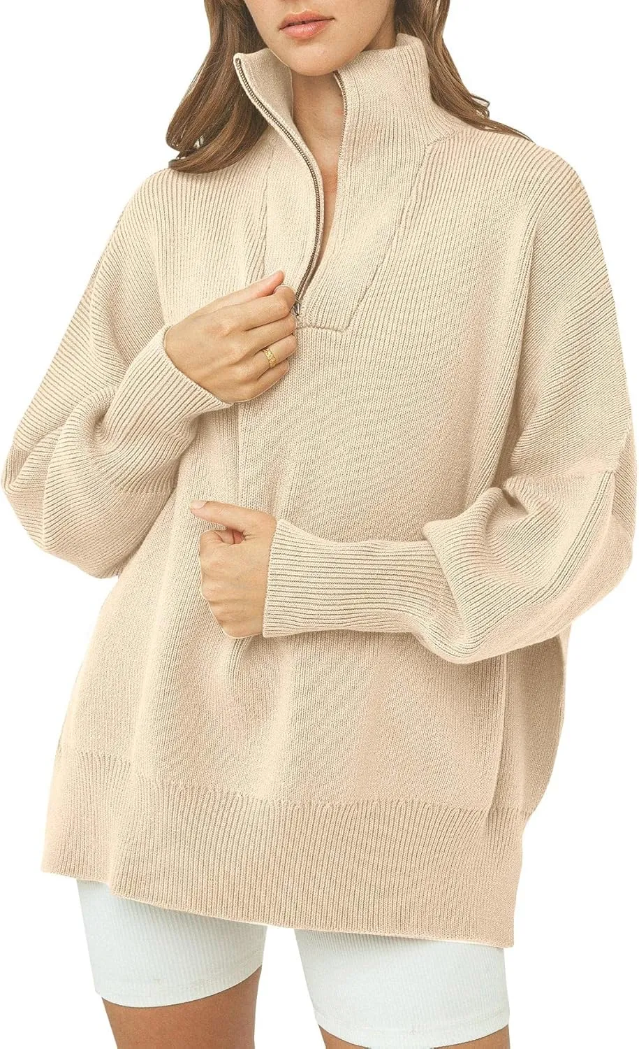 Imily Bela Womens Tunic Sweater Fall Long Sleeve 1/4 Zip Pullover Sweaters Oversized Slouchy Ribbed Knit Sweatshirt with Slit