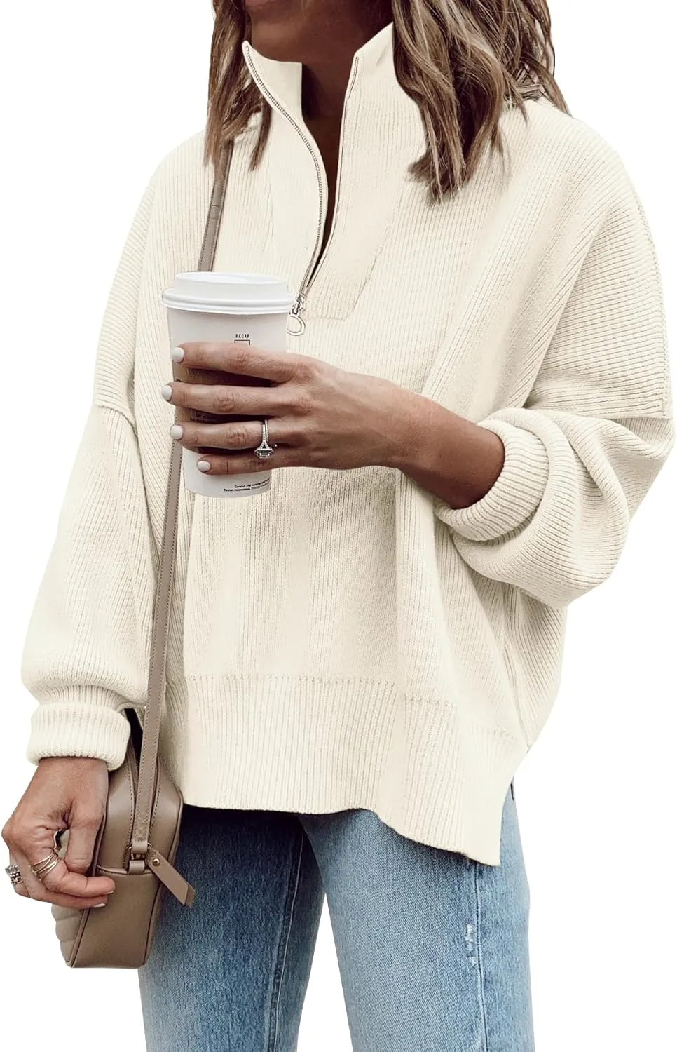Imily Bela Womens Tunic Sweater Fall Long Sleeve 1/4 Zip Pullover Sweaters Oversized Slouchy Ribbed Knit Sweatshirt with Slit
