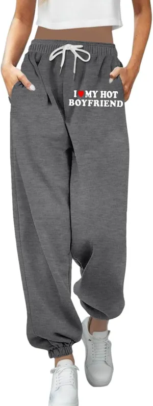 Jogger Sweatpants Women Letter Print Drawstring Casual Jogger Pants High Waist Trousers with Pocket