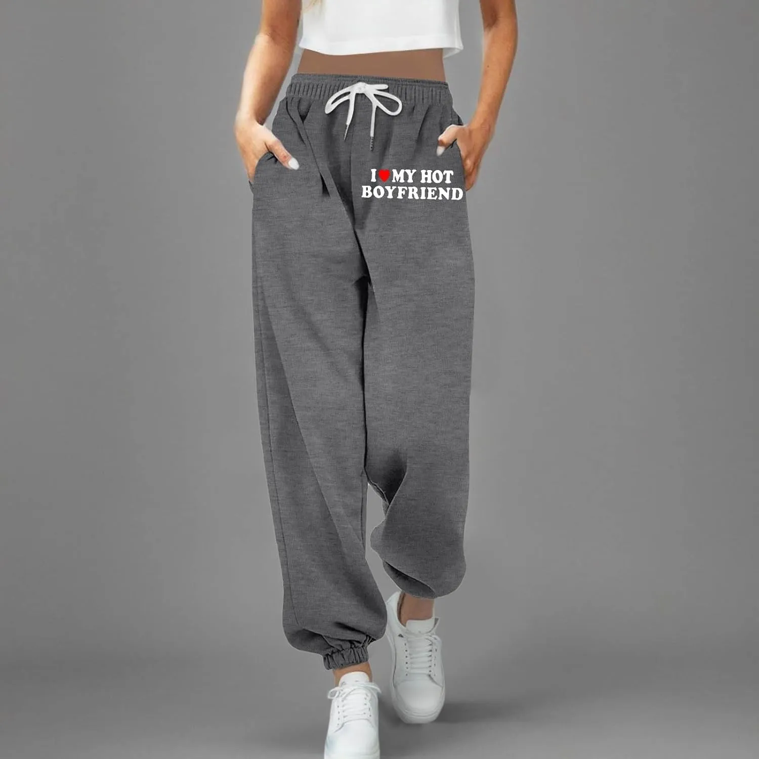 Jogger Sweatpants Women Letter Print Drawstring Casual Jogger Pants High Waist Trousers with Pocket