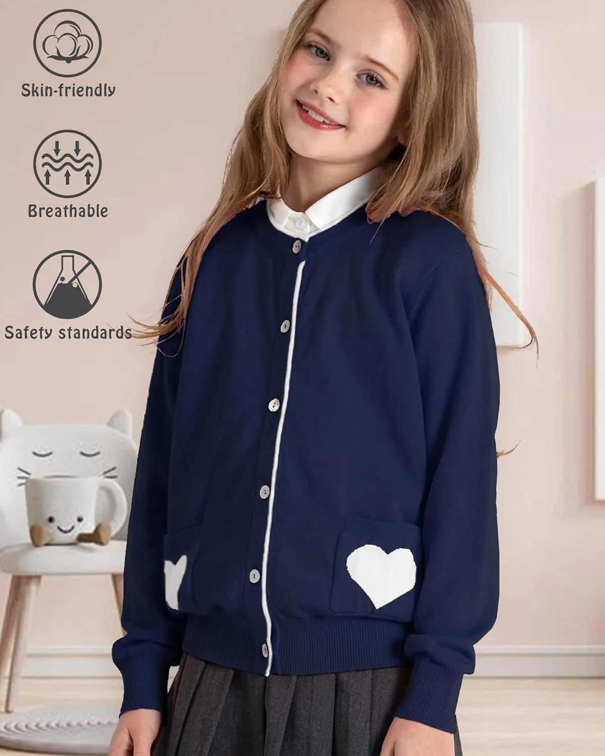 JSTEX Girls Cute Cardigan 100% Cotton Knit Kids Cardigan Long Sleeve Crew Neck Button Sweaters for Girl Size 4-14
