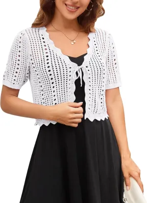Kate Kasin Women Crochet Shrug Sweater Tie Front Knit Bolero Shrug for Dress Short Sleeve Cropped Cardigan