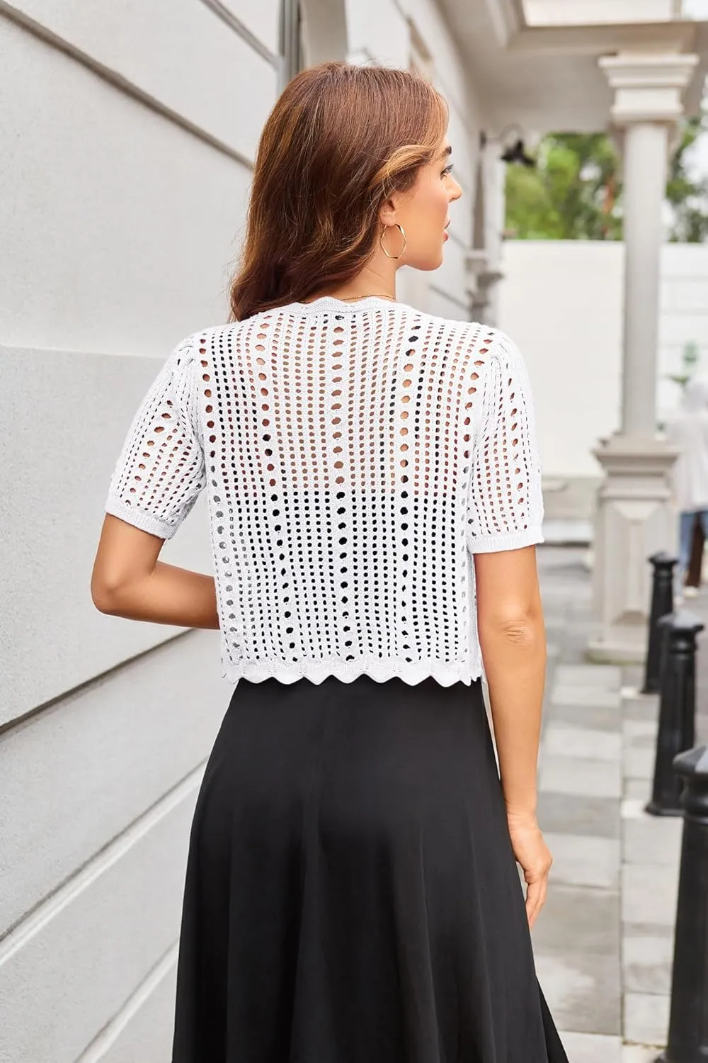 Kate Kasin Women Crochet Shrug Sweater Tie Front Knit Bolero Shrug for Dress Short Sleeve Cropped Cardigan
