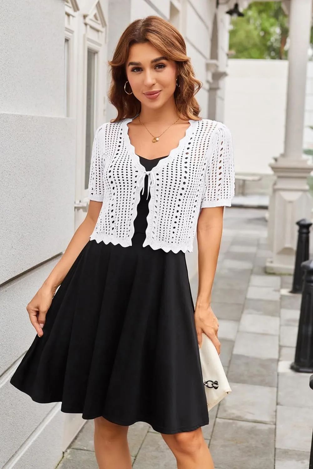 Kate Kasin Women Crochet Shrug Sweater Tie Front Knit Bolero Shrug for Dress Short Sleeve Cropped Cardigan