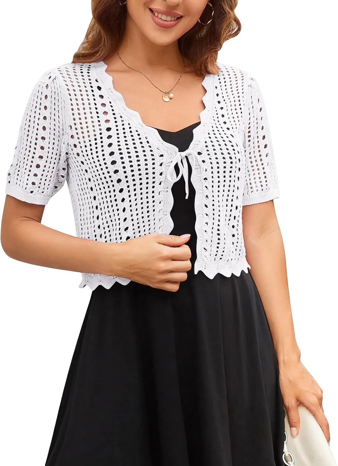 Kate Kasin Women Crochet Shrug Sweater Tie Front Knit Bolero Shrug for Dress Short Sleeve Cropped Cardigan