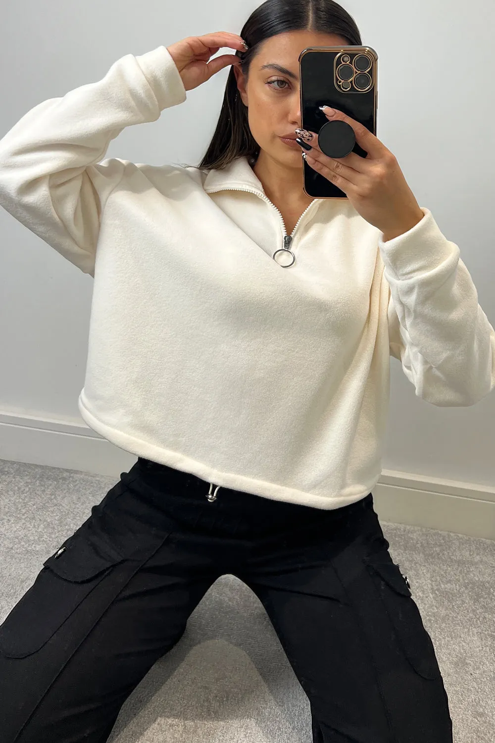 Keeley Cream Half Zip High Neck Fleece Sweatshirt