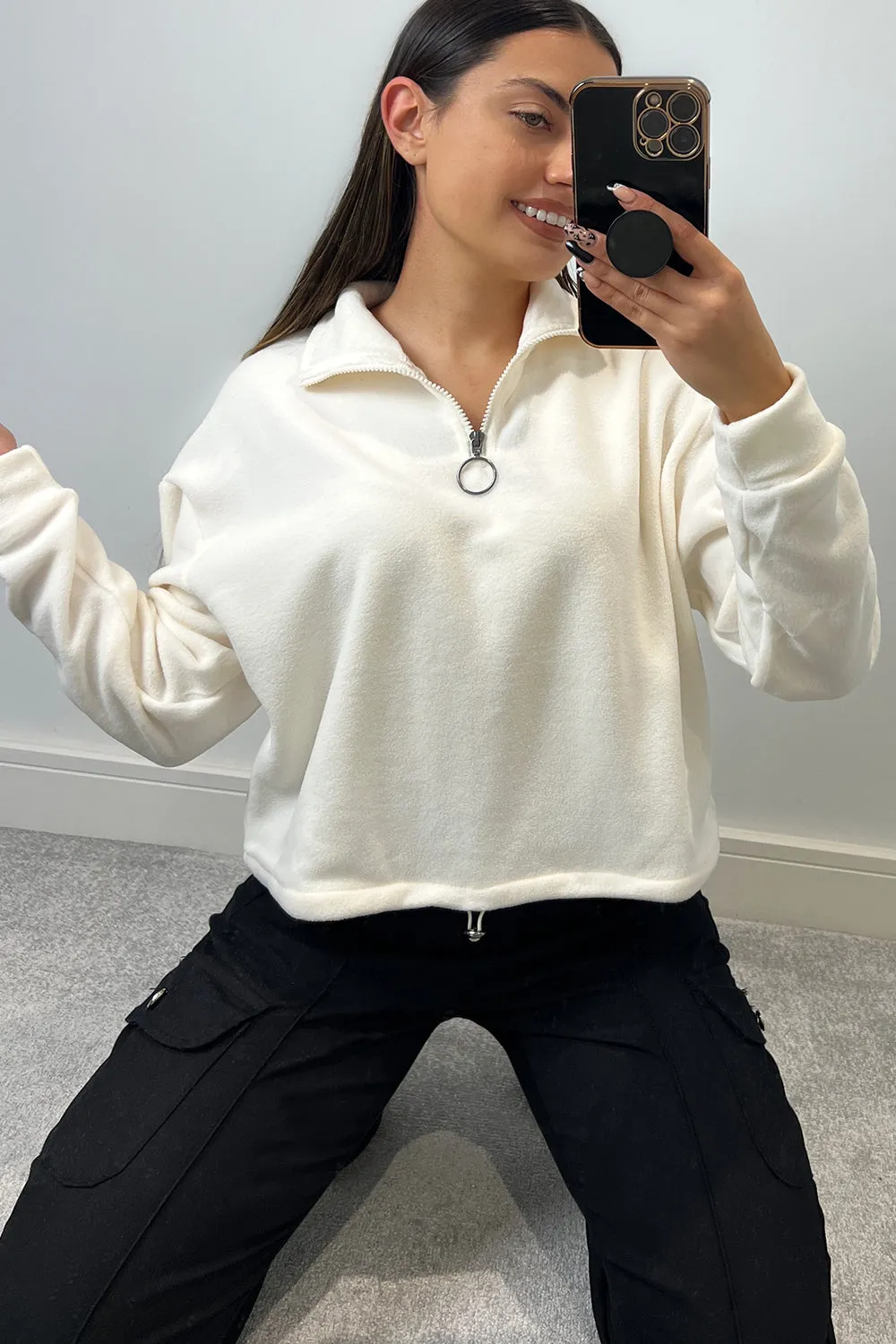 Keeley Cream Half Zip High Neck Fleece Sweatshirt