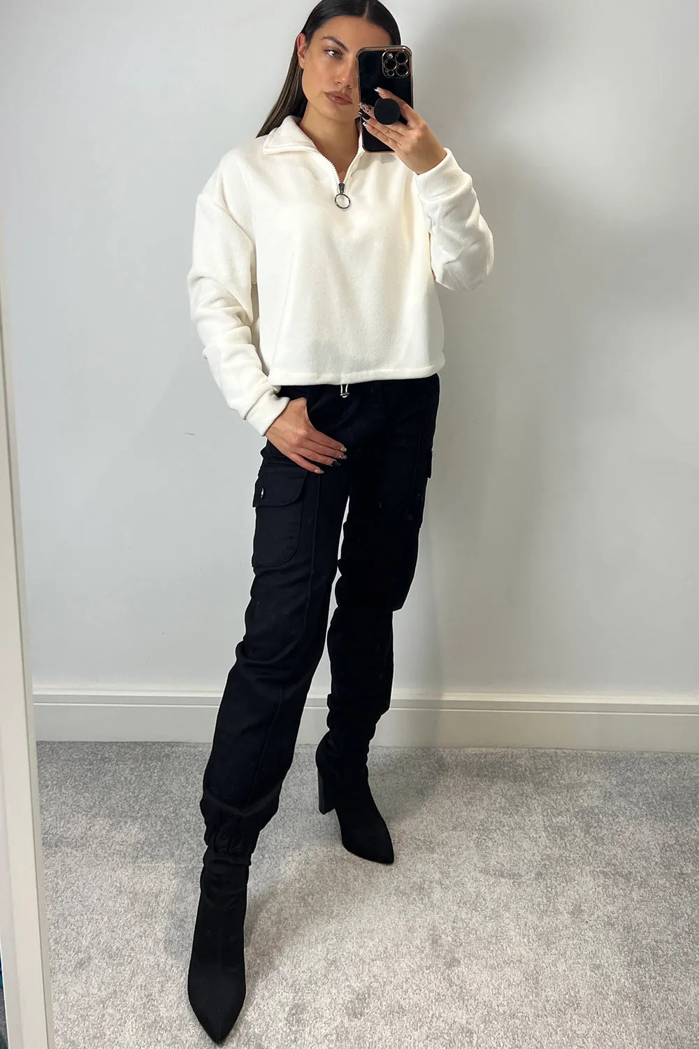 Keeley Cream Half Zip High Neck Fleece Sweatshirt