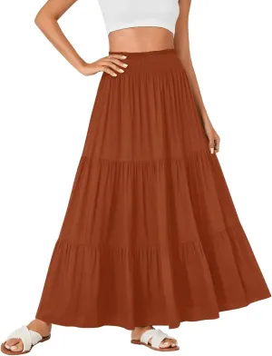 KIFOVEN Womens Maxi Skirt Summer Elastic High Waist A-Line Long Skirt Flowy Tiered Ruffle Casual Boho Midi Skirt