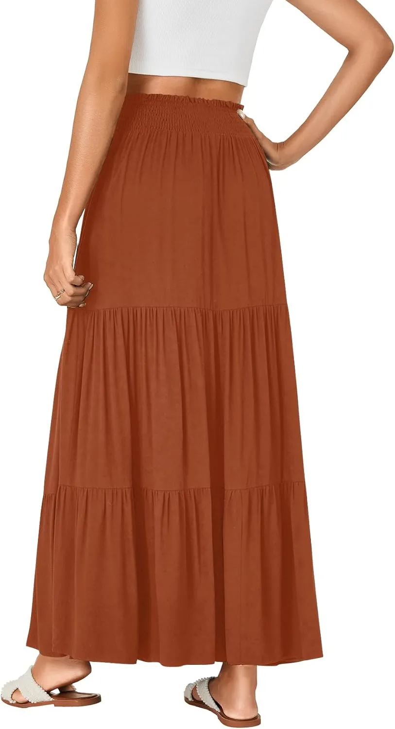KIFOVEN Womens Maxi Skirt Summer Elastic High Waist A-Line Long Skirt Flowy Tiered Ruffle Casual Boho Midi Skirt