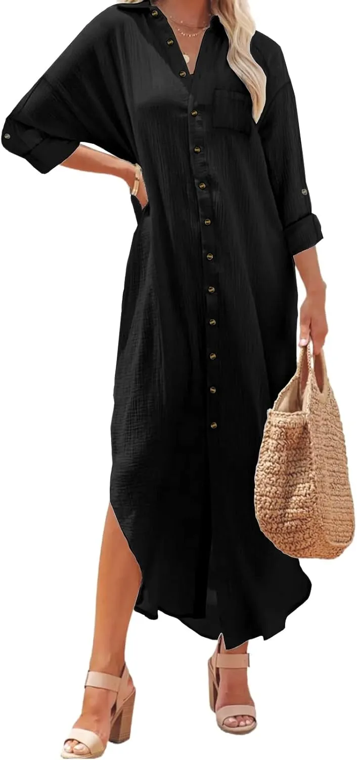 Kuraki Women's Casual Print Button Front Maxi Shirt Dress