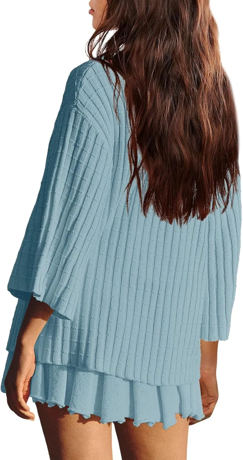 LAMISSCHE Womens Lounge Set Oversized 2 Piece Sweater Skirt Sets Long Sleeve Knit Top Pleated Skirts