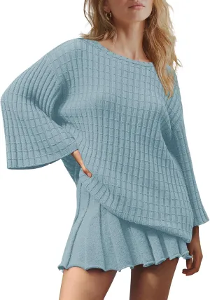 LAMISSCHE Womens Lounge Set Oversized 2 Piece Sweater Skirt Sets Long Sleeve Knit Top Pleated Skirts