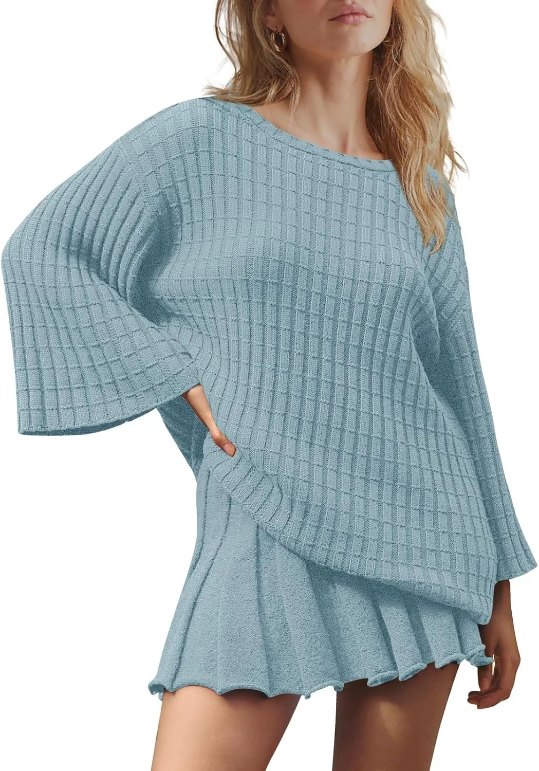 LAMISSCHE Womens Lounge Set Oversized 2 Piece Sweater Skirt Sets Long Sleeve Knit Top Pleated Skirts