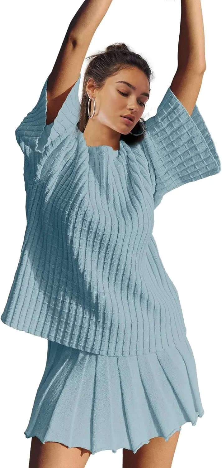 LAMISSCHE Womens Lounge Set Oversized 2 Piece Sweater Skirt Sets Long Sleeve Knit Top Pleated Skirts