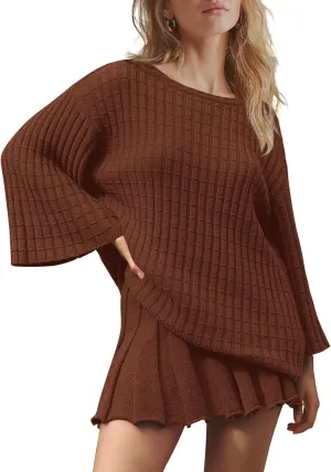 LAMISSCHE Womens Lounge Set Oversized 2 Piece Sweater Skirt Sets Long Sleeve Knit Top Pleated Skirts