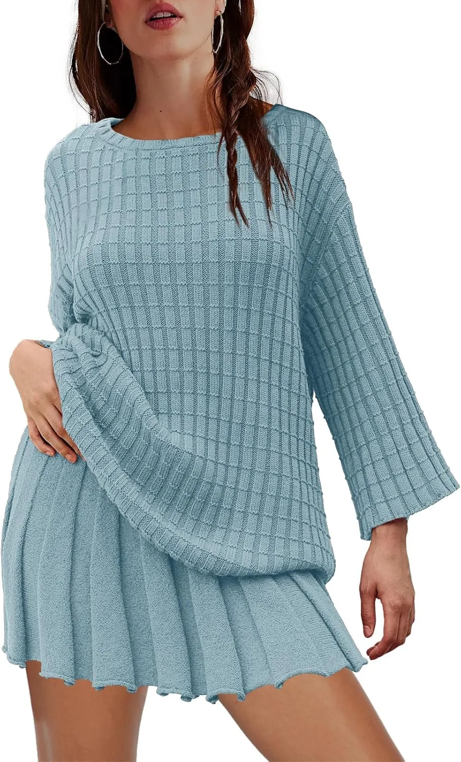 LAMISSCHE Womens Lounge Set Oversized 2 Piece Sweater Skirt Sets Long Sleeve Knit Top Pleated Skirts