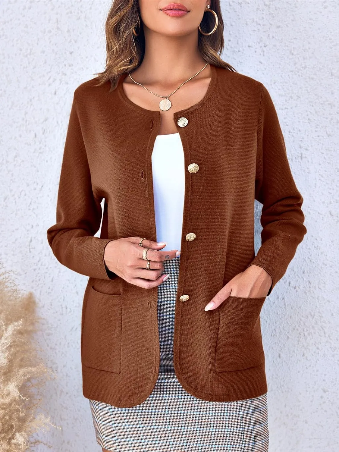 Langwyqu Womens Crew Neck Button Down Cardigan Sweaters Blazer Casual Long Sleeve Knit Solid Sweater with Pockets