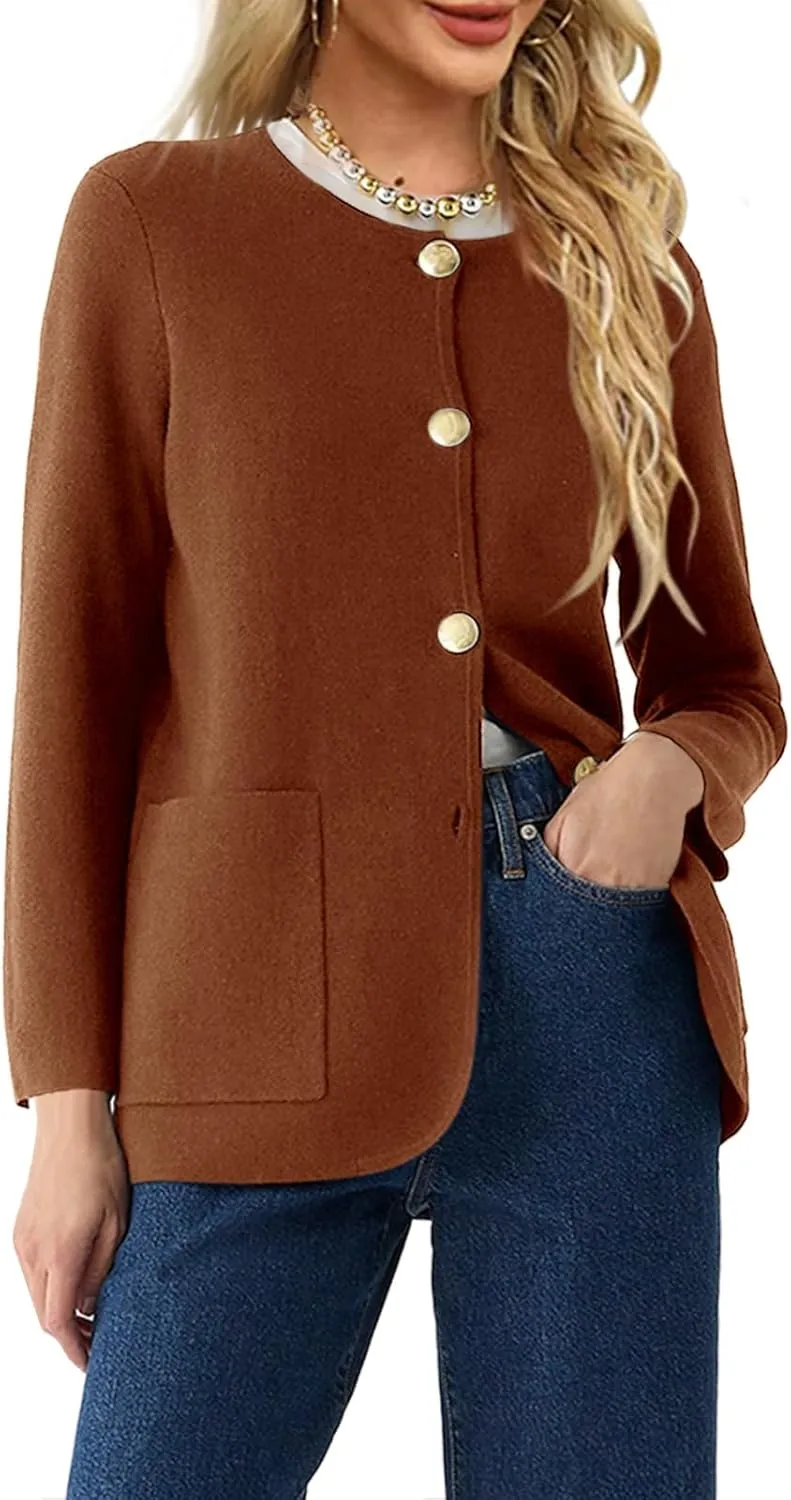 Langwyqu Womens Crew Neck Button Down Cardigan Sweaters Blazer Casual Long Sleeve Knit Solid Sweater with Pockets