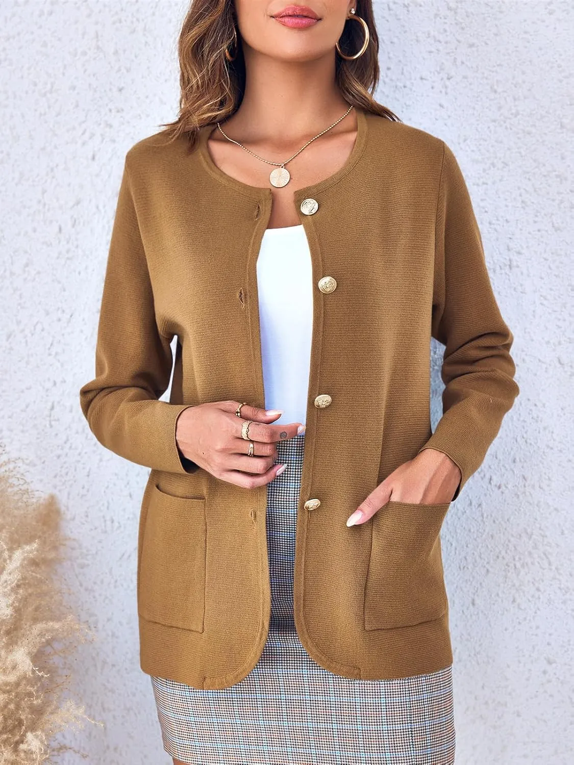 Langwyqu Womens Crew Neck Button Down Cardigan Sweaters Blazer Casual Long Sleeve Knit Solid Sweater with Pockets