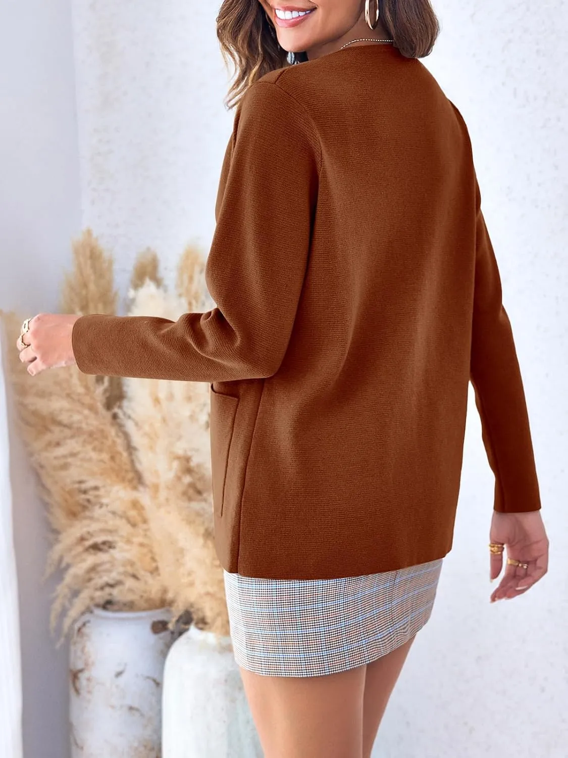 Langwyqu Womens Crew Neck Button Down Cardigan Sweaters Blazer Casual Long Sleeve Knit Solid Sweater with Pockets