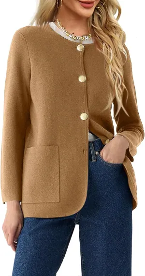 Langwyqu Womens Crew Neck Button Down Cardigan Sweaters Blazer Casual Long Sleeve Knit Solid Sweater with Pockets