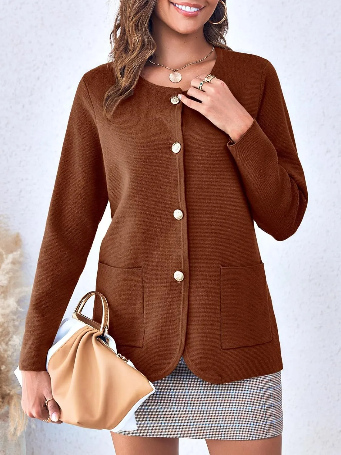 Langwyqu Womens Crew Neck Button Down Cardigan Sweaters Blazer Casual Long Sleeve Knit Solid Sweater with Pockets