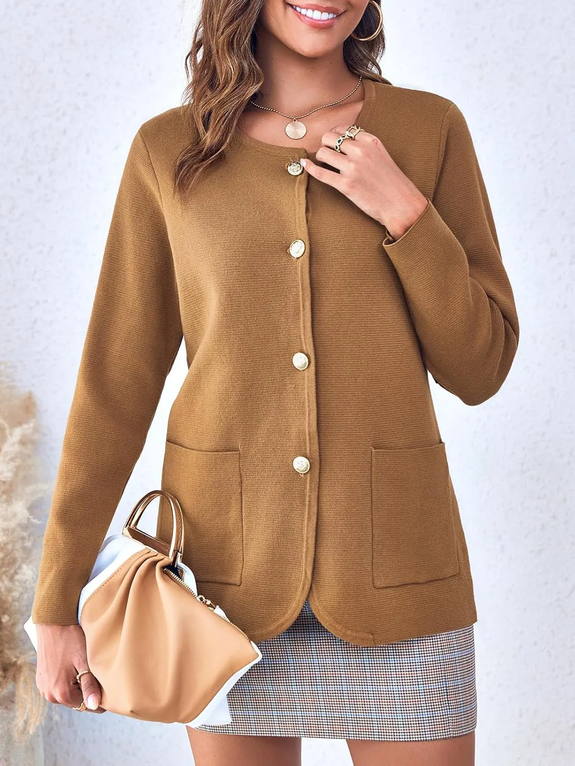Langwyqu Womens Crew Neck Button Down Cardigan Sweaters Blazer Casual Long Sleeve Knit Solid Sweater with Pockets