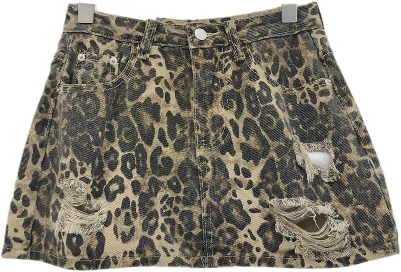 Leopard Print Skirt A Line Skirt Denim Mini Skirt Vintage Skirt High Waisted Skirt Cheetah Print Skirts Wrap Skirt