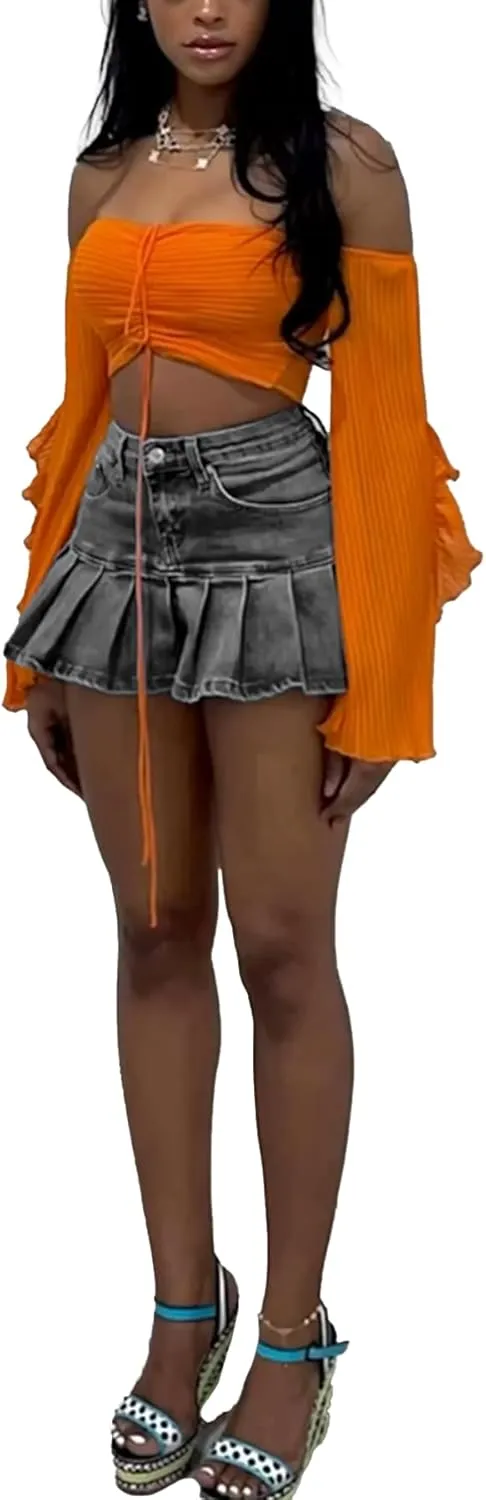 LETSVDO Denim Skirt Women Mini Pleated High Waisted Ruffle A Line Flare Jean Short Skirts