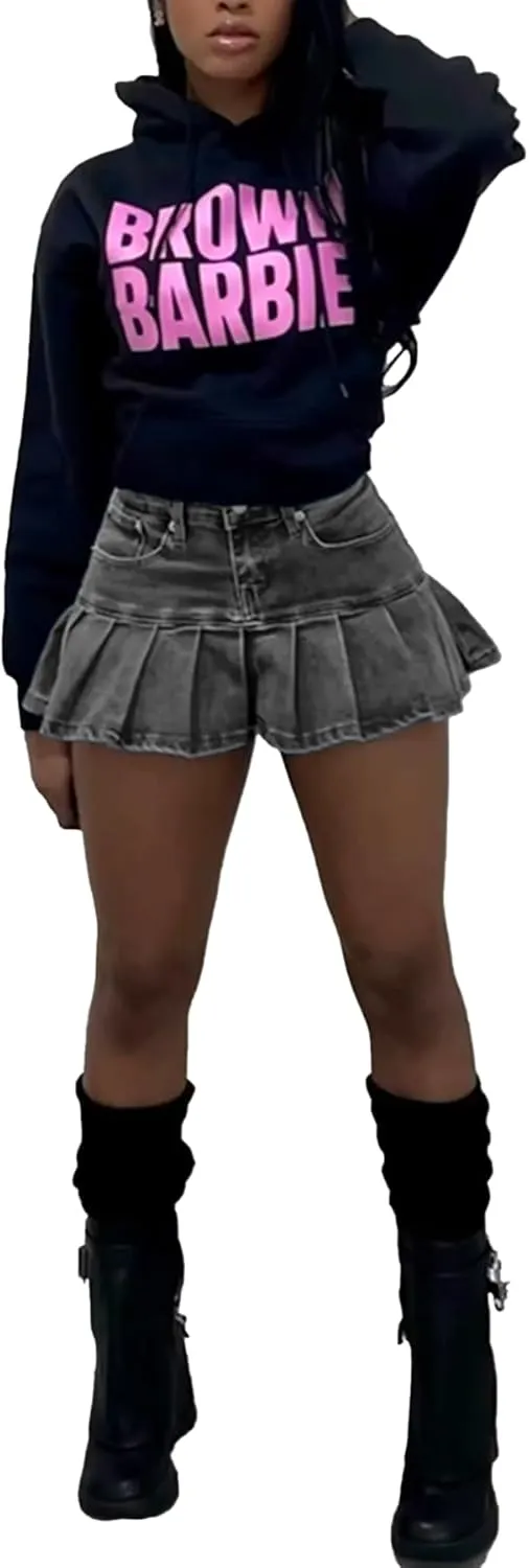 LETSVDO Denim Skirt Women Mini Pleated High Waisted Ruffle A Line Flare Jean Short Skirts