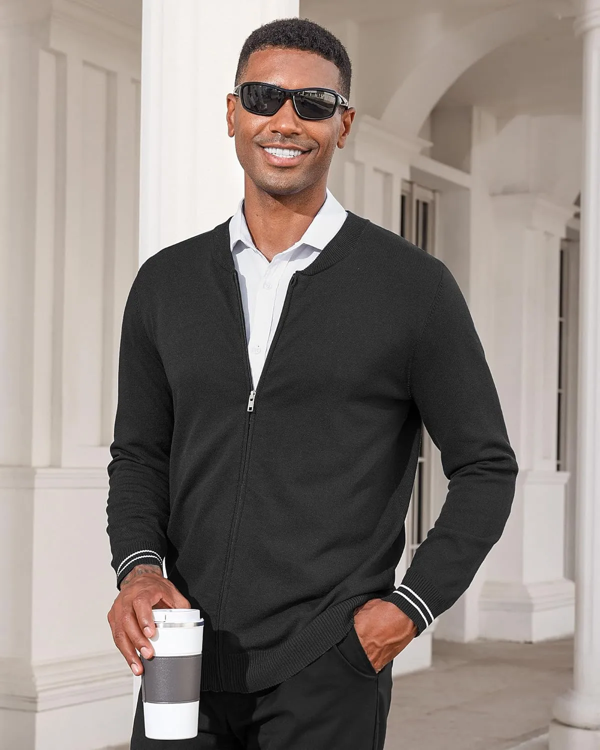 Lexiart Men's Casual Cardigan Sweaters Knitted Stand Collar Slim Fit Full-Zip Warm Jacket