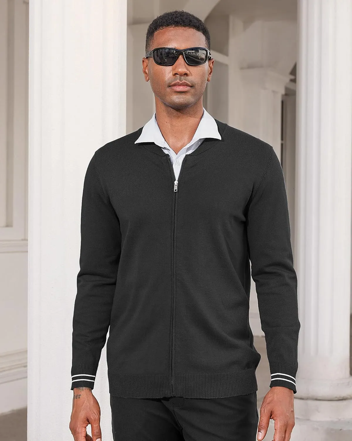 Lexiart Men's Casual Cardigan Sweaters Knitted Stand Collar Slim Fit Full-Zip Warm Jacket