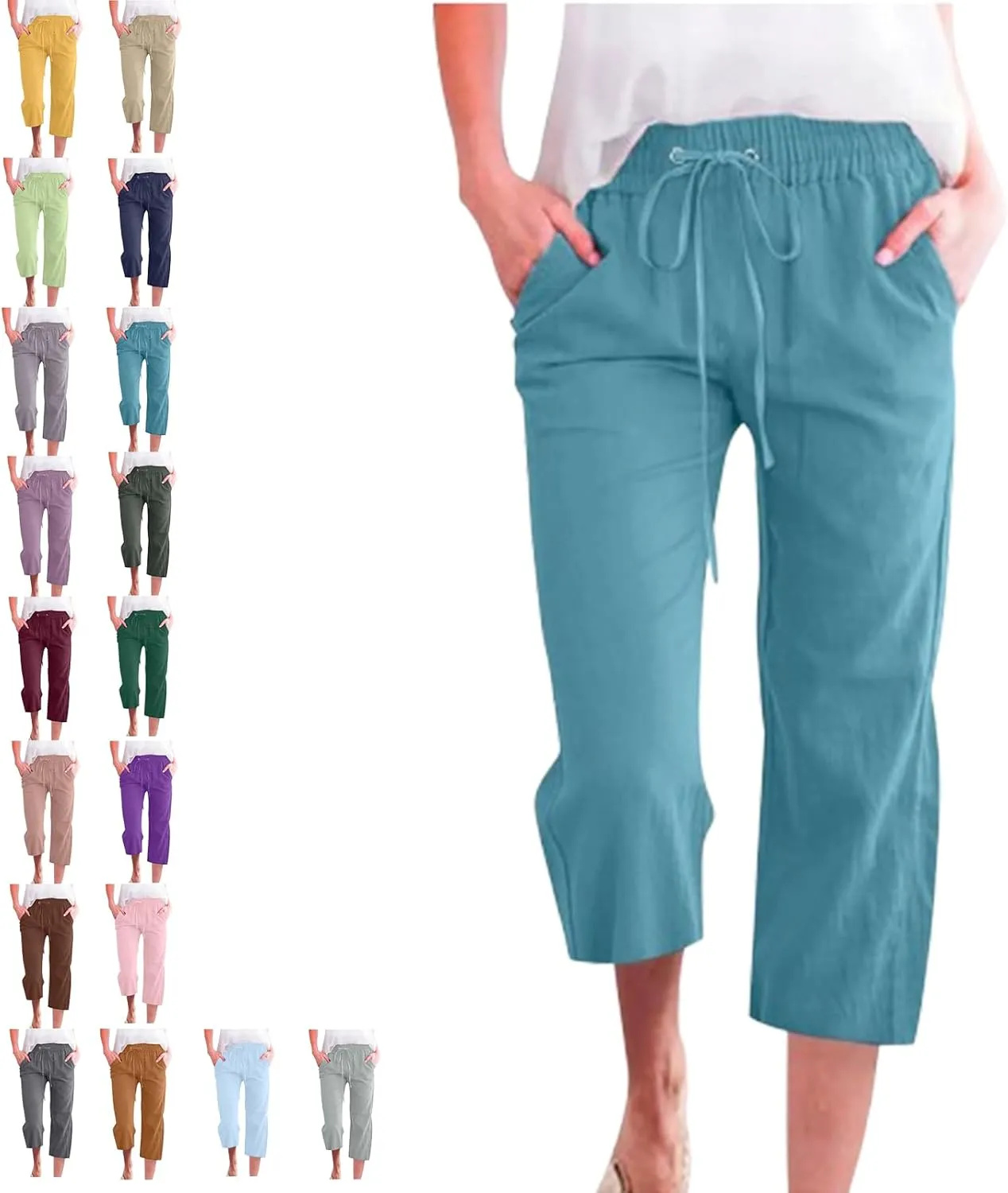 Linen Capri Pants for Women Cotton Casual,Drawstring High Waist Pants Wide Leg Cropped Trousers