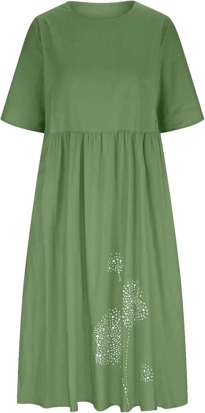 Linen Dresses for Women Short Sleeve Crewneck Dress with Pockets Floral Print Shirt Dress Cotton Linen Casual Dress