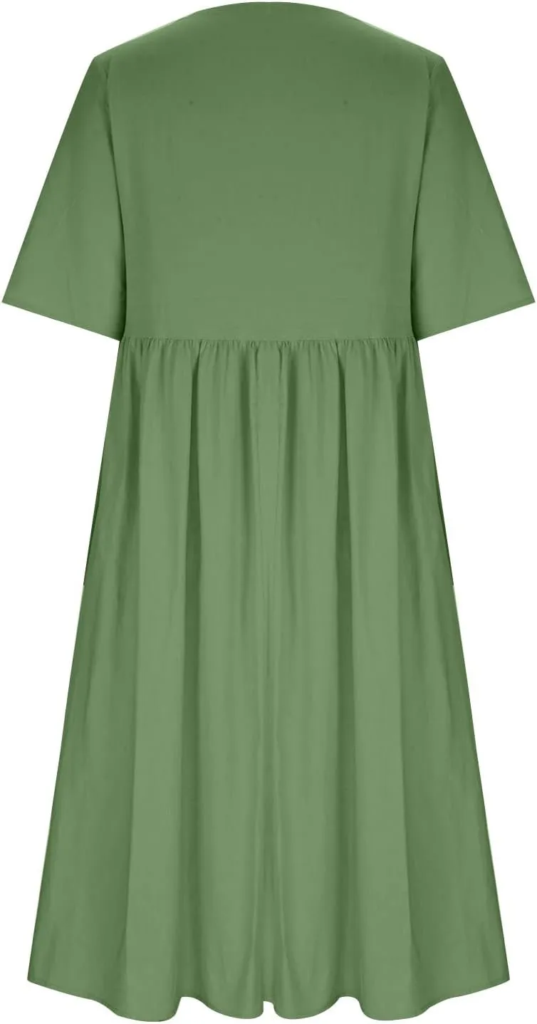 Linen Dresses for Women Short Sleeve Crewneck Dress with Pockets Floral Print Shirt Dress Cotton Linen Casual Dress